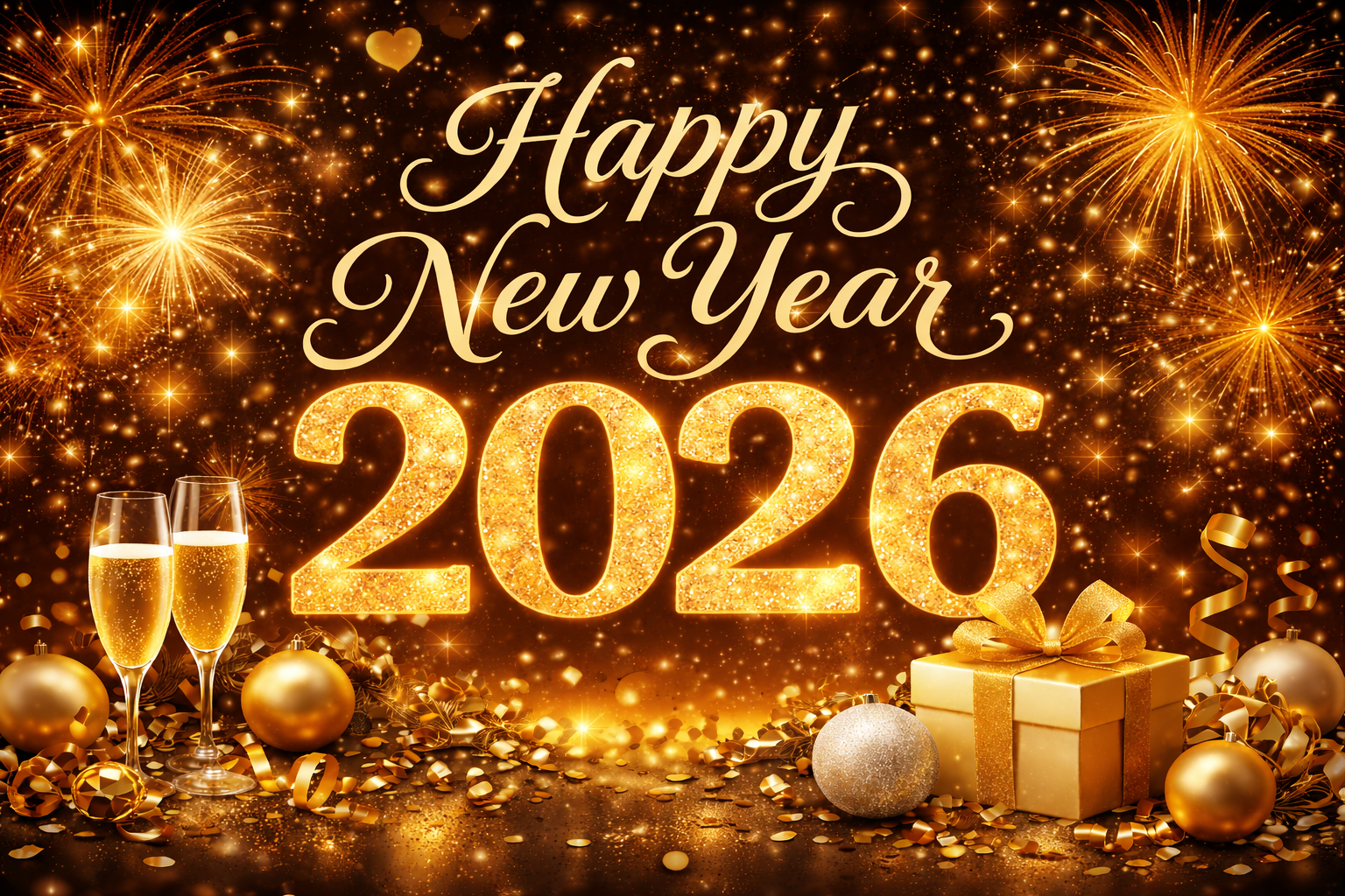 Happy New Year 2026 greeting with gold fireworks, champagne, gifts, and ornaments.