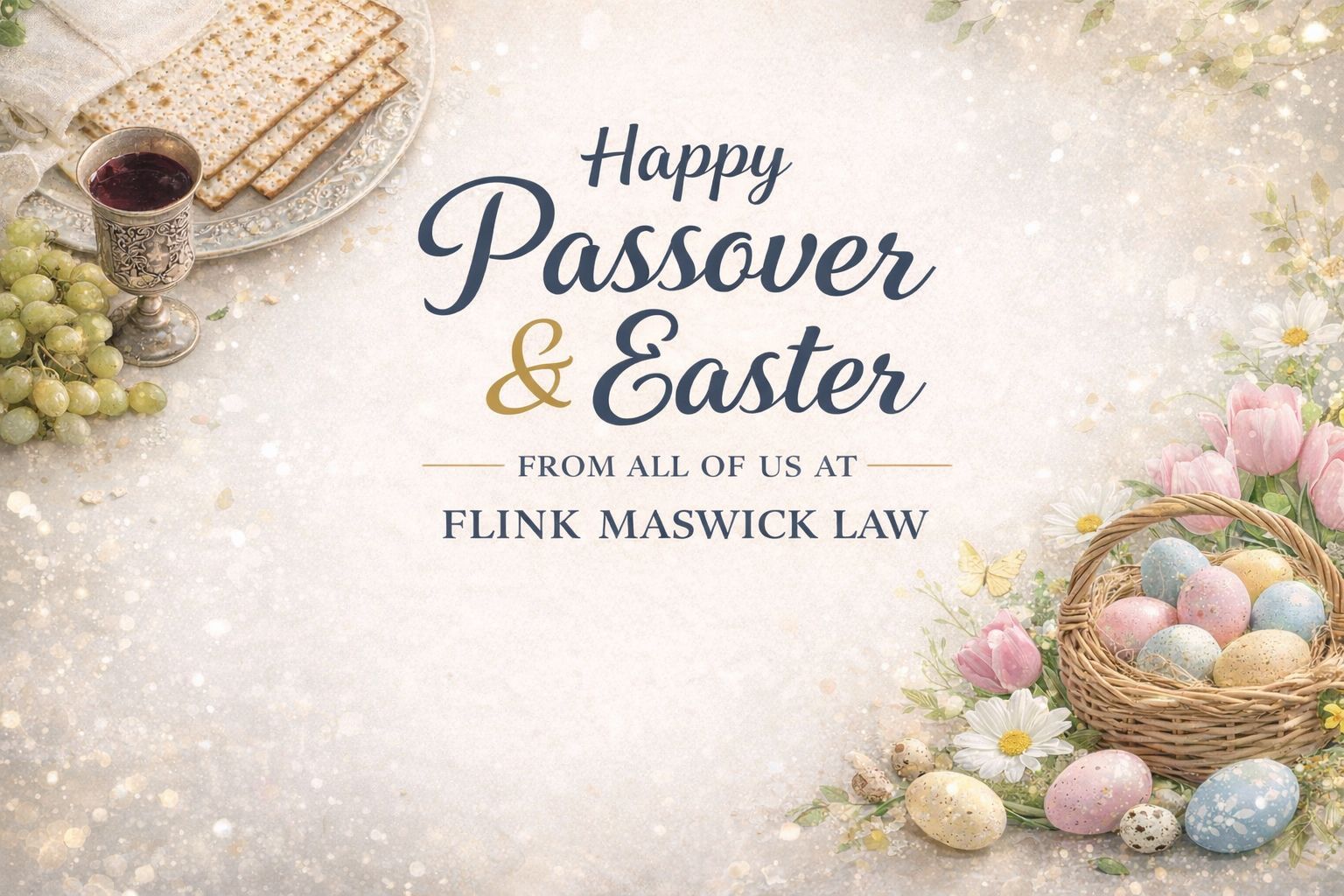 Image of a Passover meal in upper left and image of Easter Eggs in bottom right. Text states: Happy Passover and Easter from all of us at Flink Maswick Law.