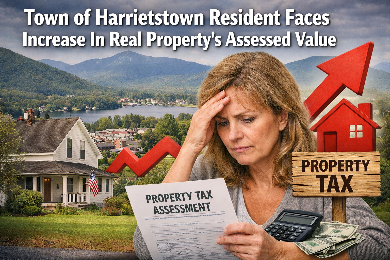 Woman worried about tax increase due to increase in assessed values of properties in Harrietstown NY.