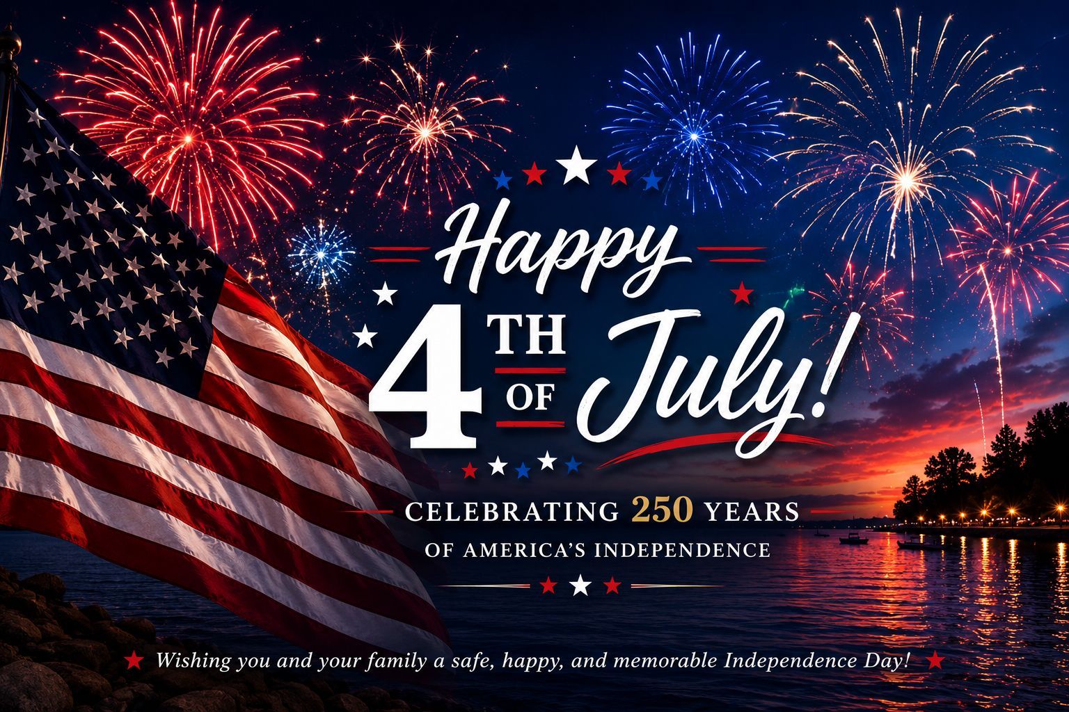 Happy 4th of July with fireworks, U.S. flag, and “Celebrating 250 Years of America’s Independence” text