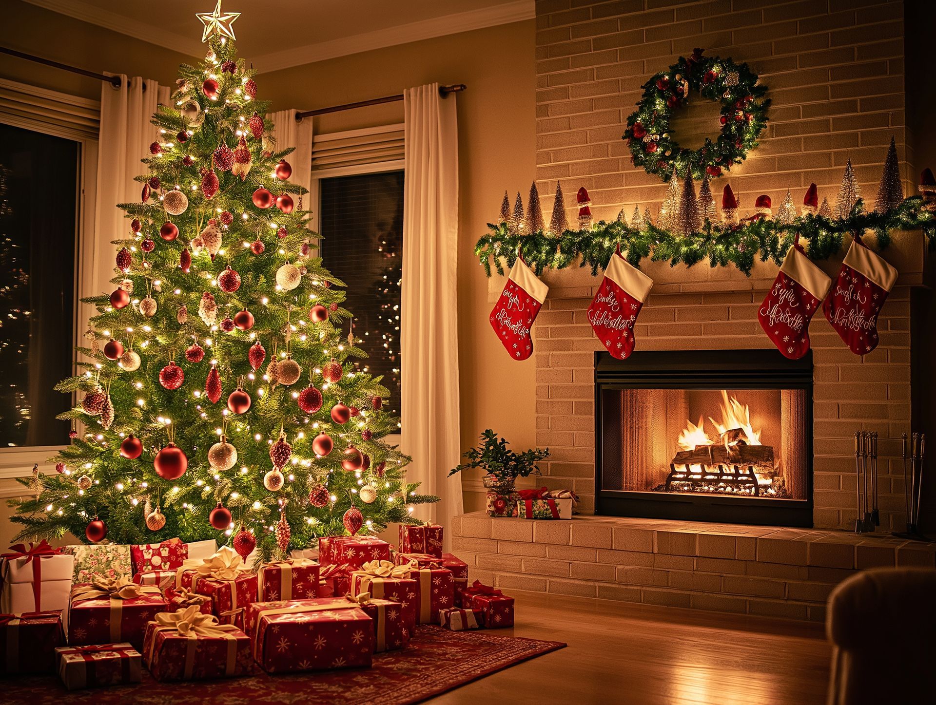 Christmas Tree is all decorated, presents under the tree, and a fireplace burning with stockings hangs.