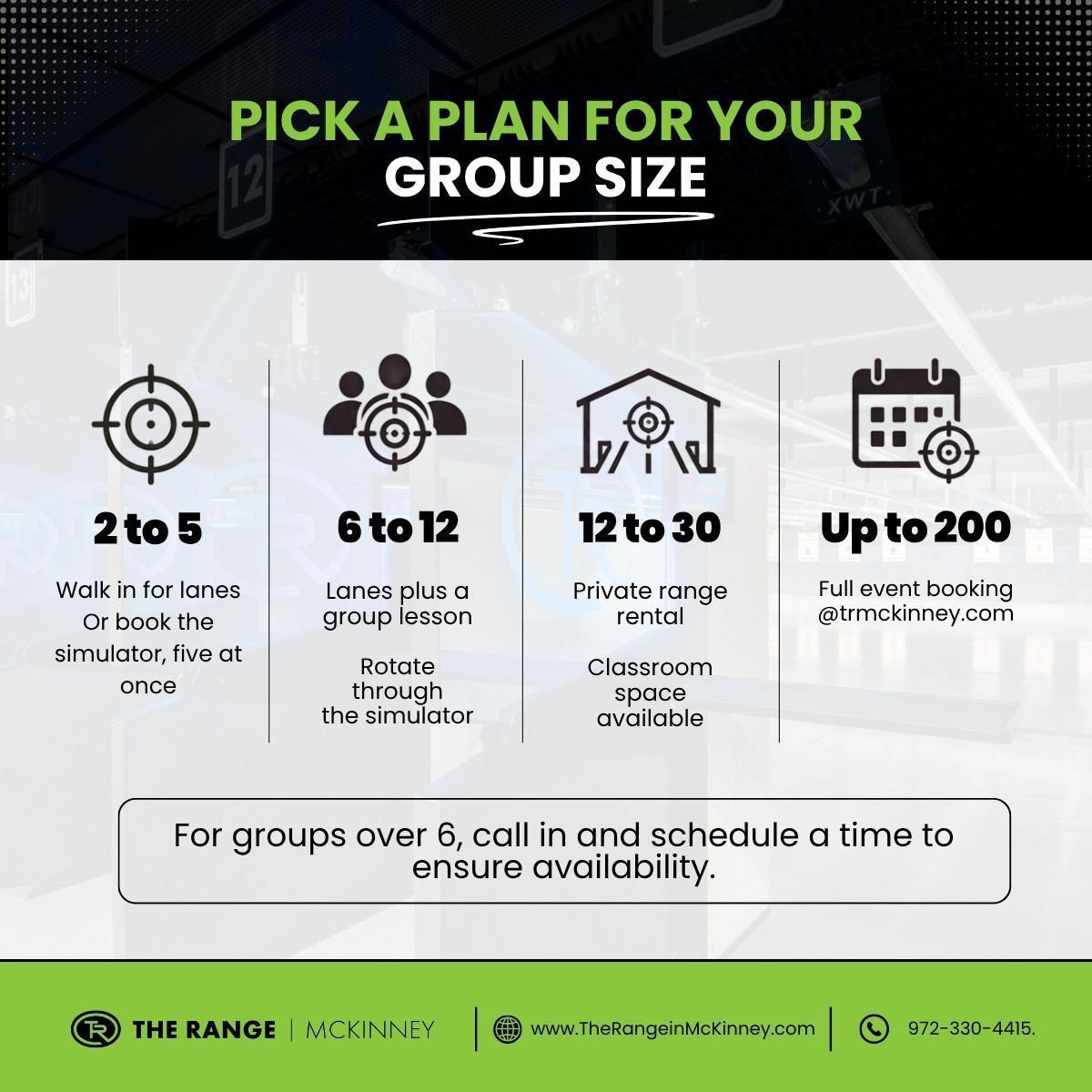 Group plans by size at The Range in McKinney, from walk-ins to events for 200