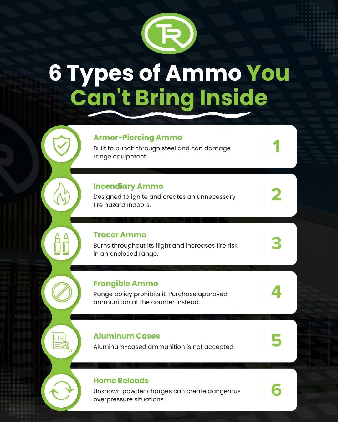 Six types of prohibited ammunition for indoor ranges
