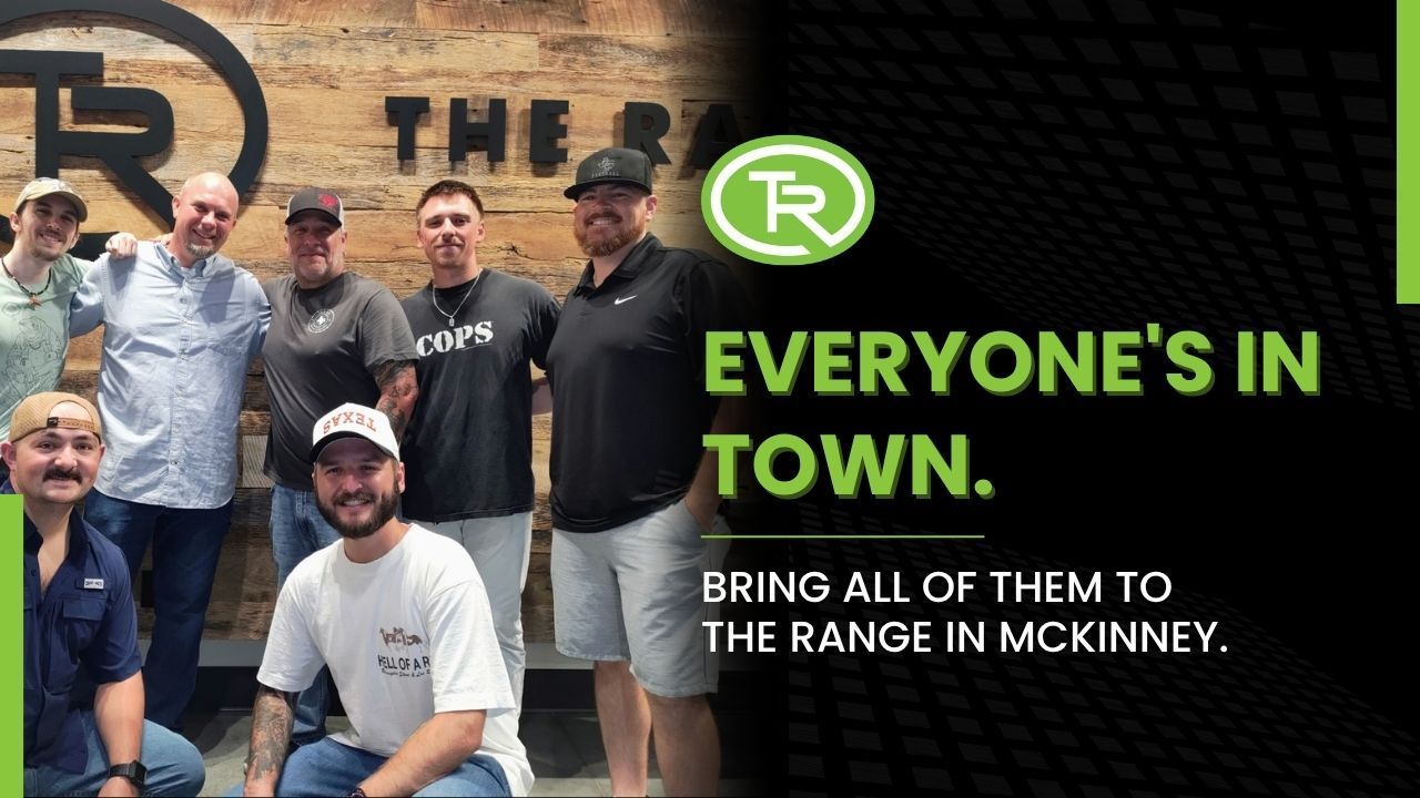 Group of friends posing at The Range in McKinney during a holiday visit