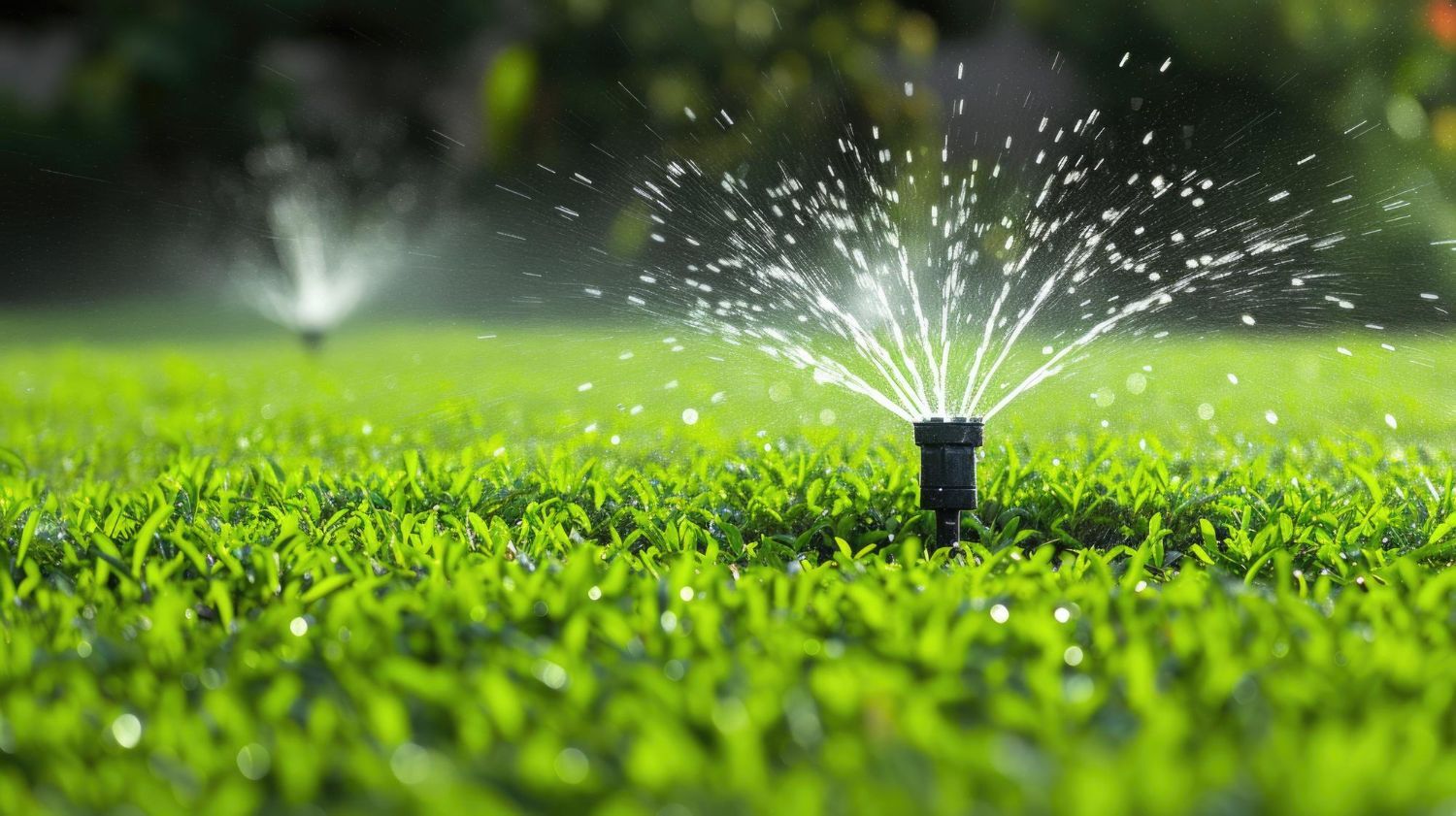 Lawn sprinkler spraying water over bright green grass in a garden