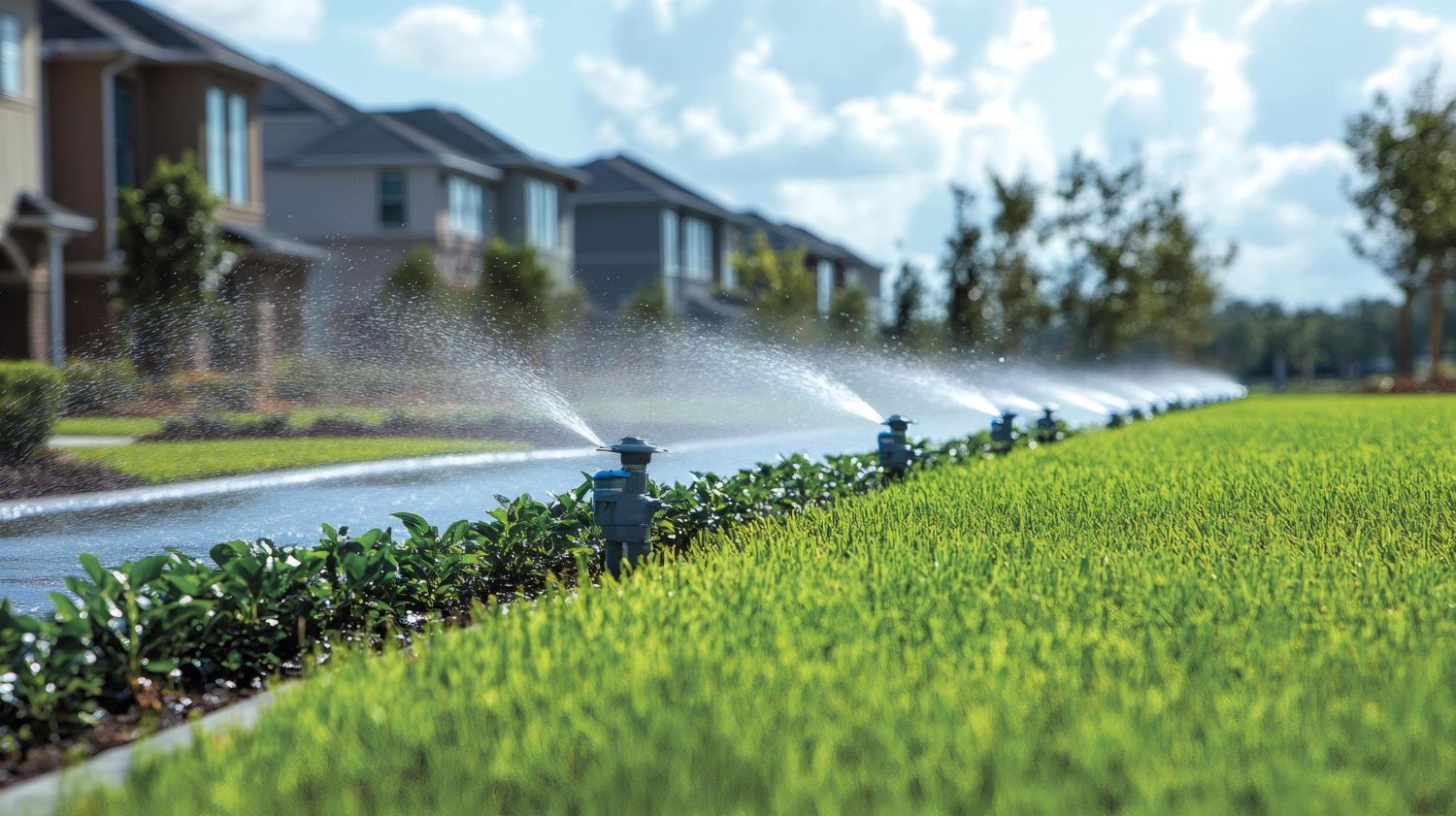Sprinklers watering a green lawn in front of suburban homes on a sunny day