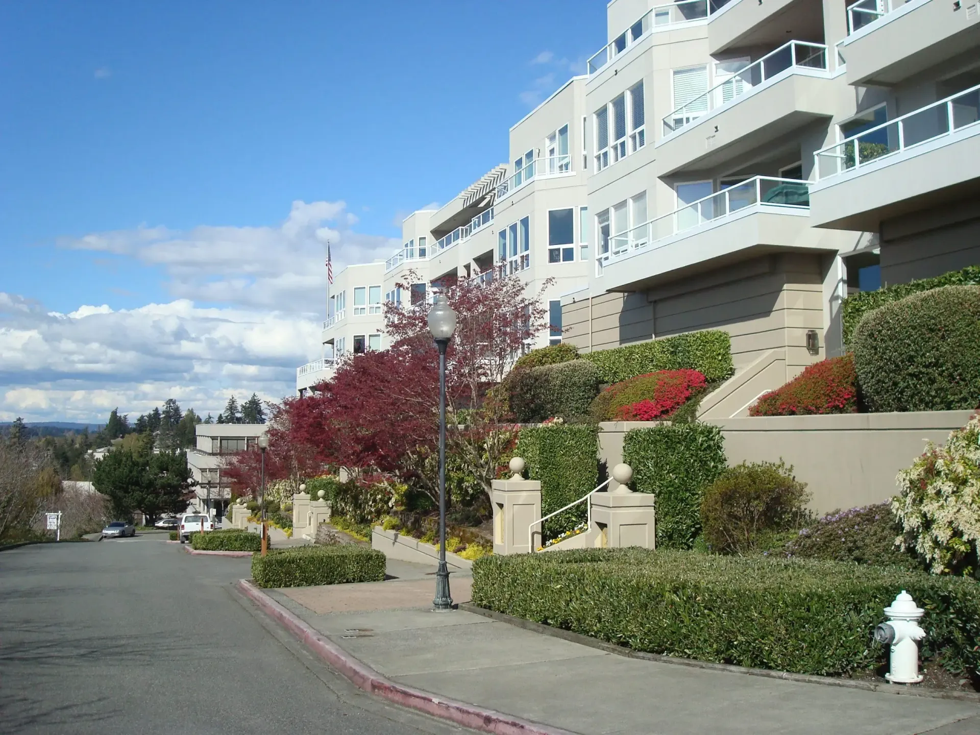 Quiet residential street beside white apartment buildings, with landscaped gardens and blue sky.