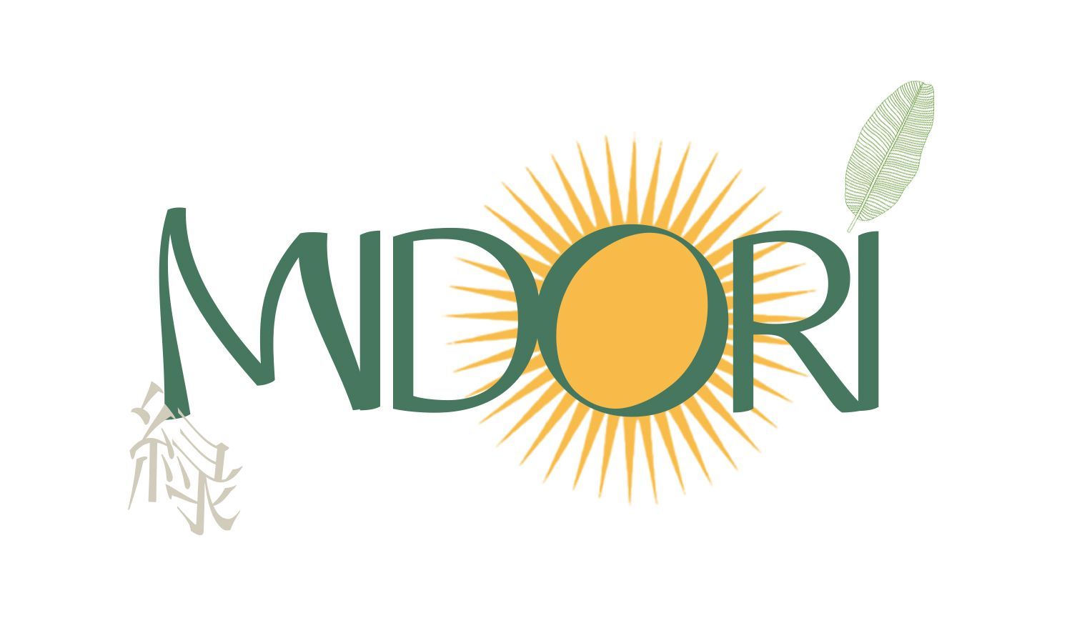 Midori logo in green with a sunburst around the “O” and small leaf accents