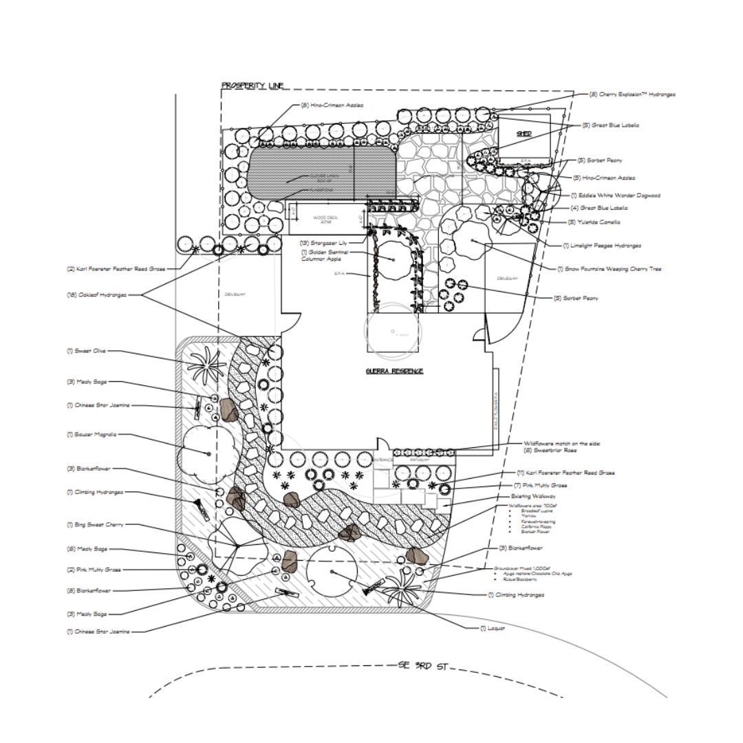 Black-and-white landscape site plan with labeled garden beds, paths, and a building footprint.