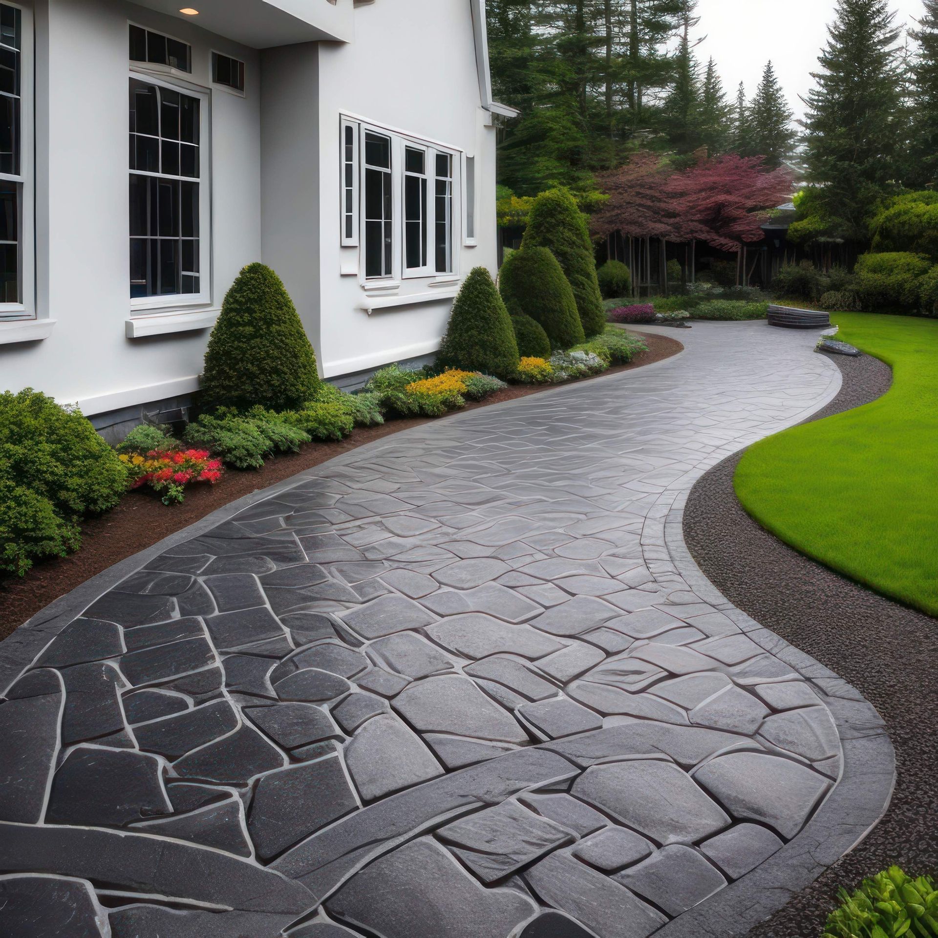 Curved stone walkway beside a white house, bordered by trimmed shrubs and green lawn.