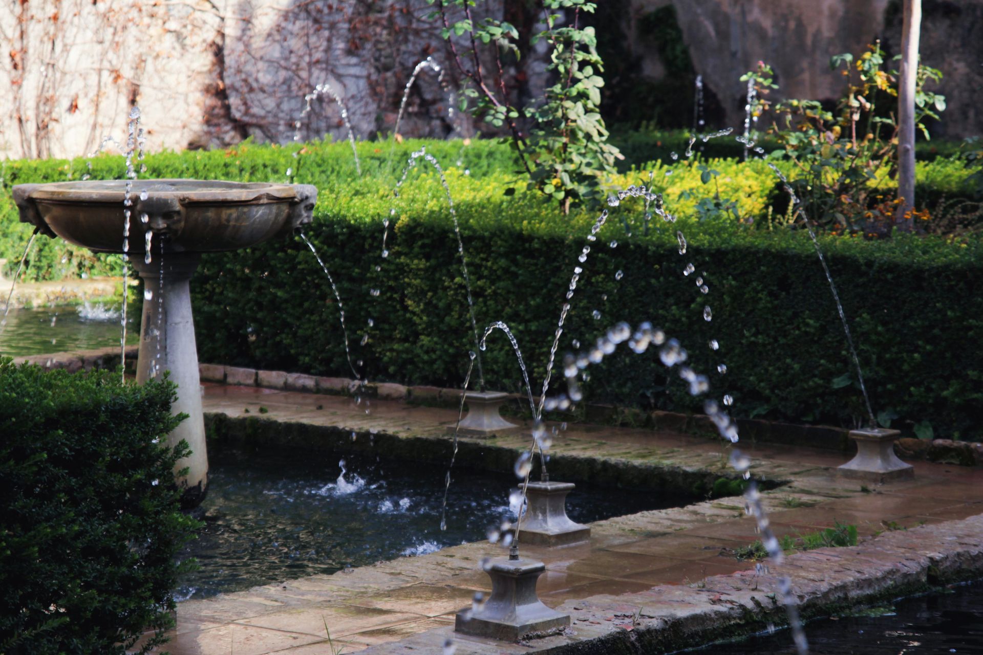 Garden fountain spraying water beside a stone birdbath and green hedges