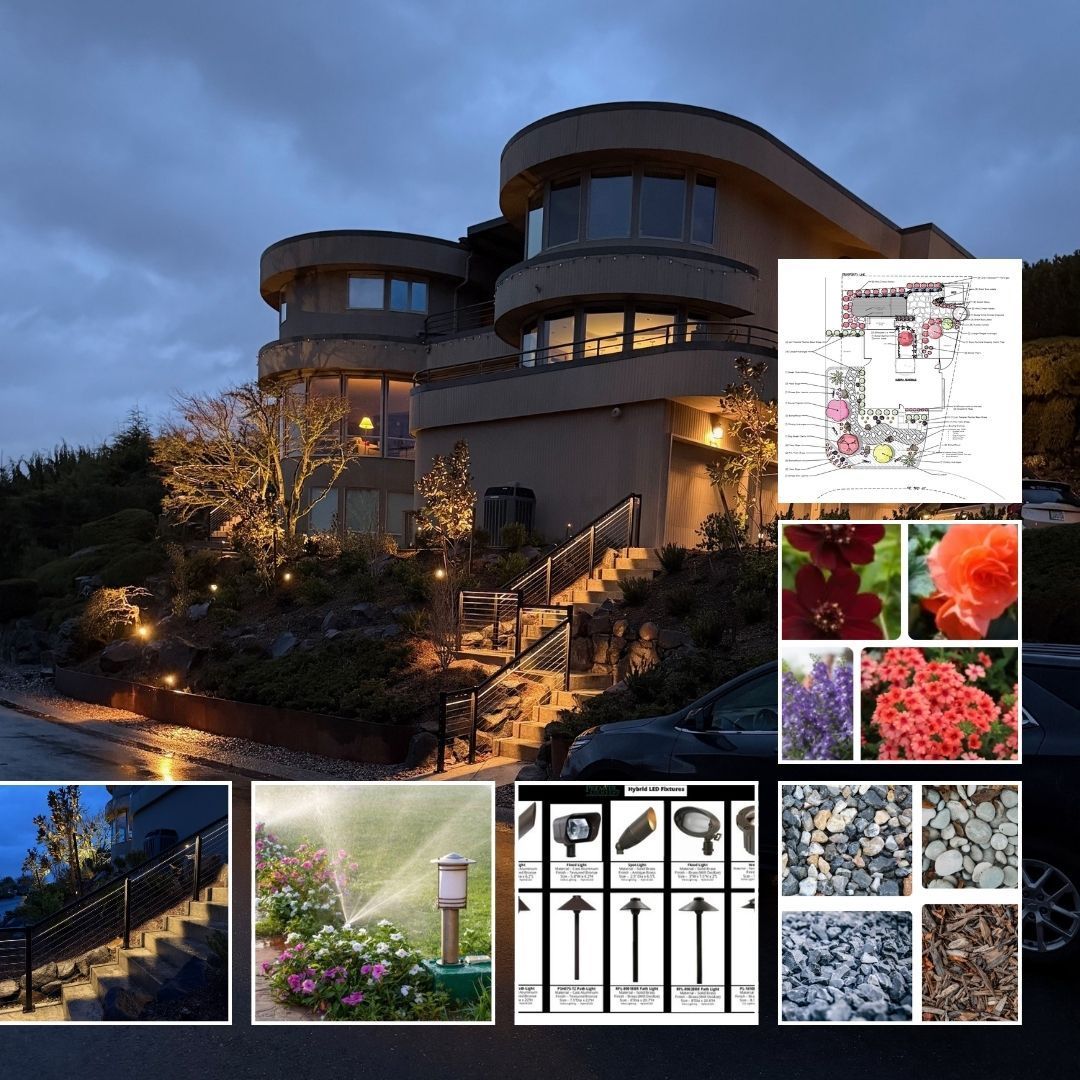Modern house at dusk with a landscape design collage overlay, showing plants, lighting, and outdoor materials