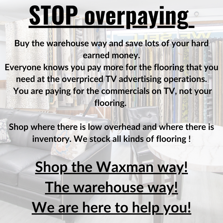 Advertisement promoting flooring, contrasting high-cost TV advertising with warehouse savings. Offers shop locations.