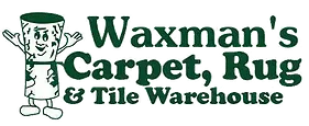 Logo for Waxman's Carpet, Rug & Tile Warehouse, featuring a smiling, cartoonish rug roll with arms and legs.