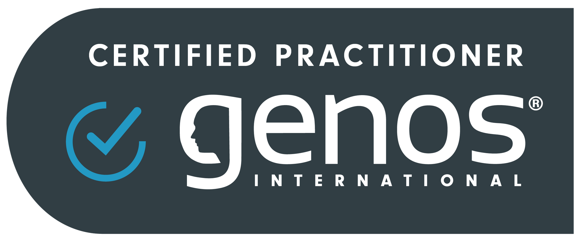 Certified Practitioner badge for Genos International. Blue checkmark, white silhouette, and dark background.