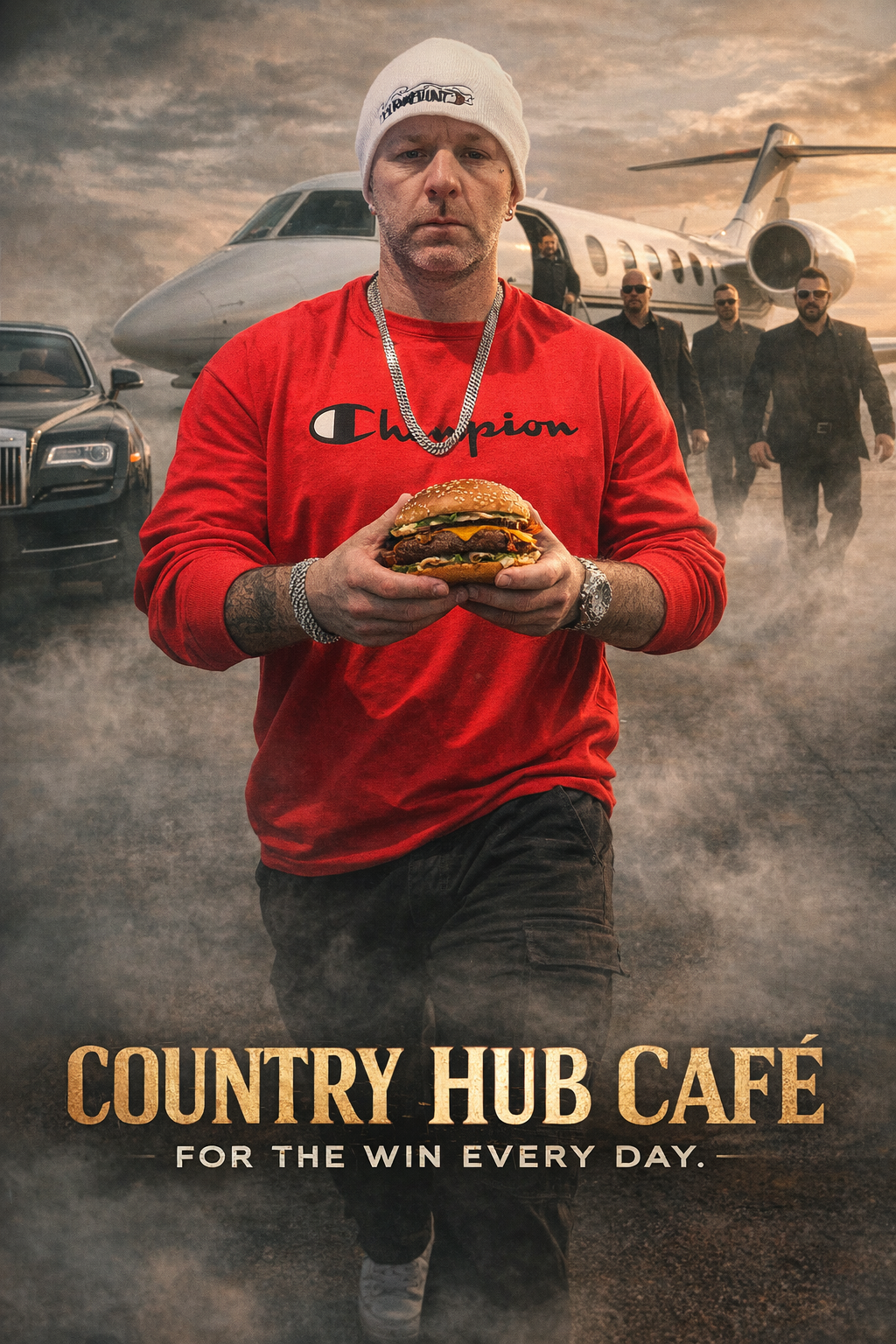 Man in red hoodie carrying a burger on a smoky tarmac with planes; Country Hub Café ad text below