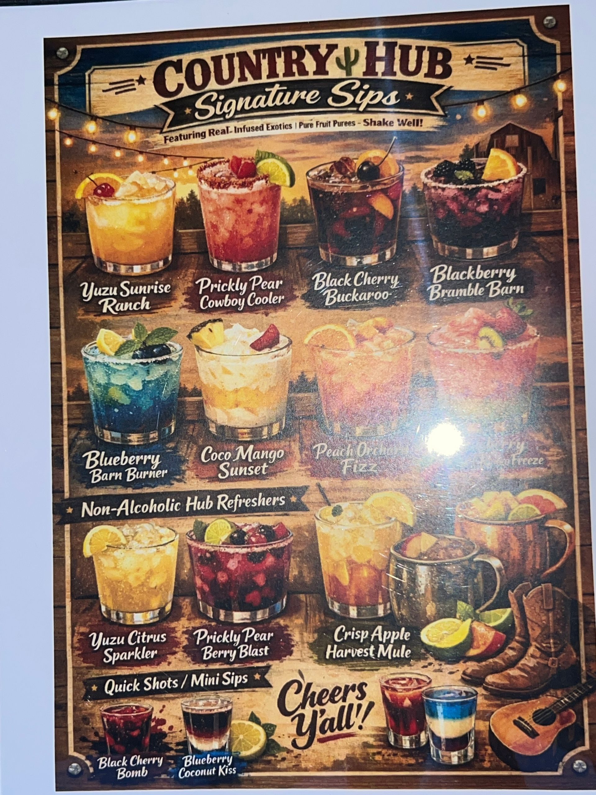 Country club signature sips menu poster with colorful cocktails on a dark background