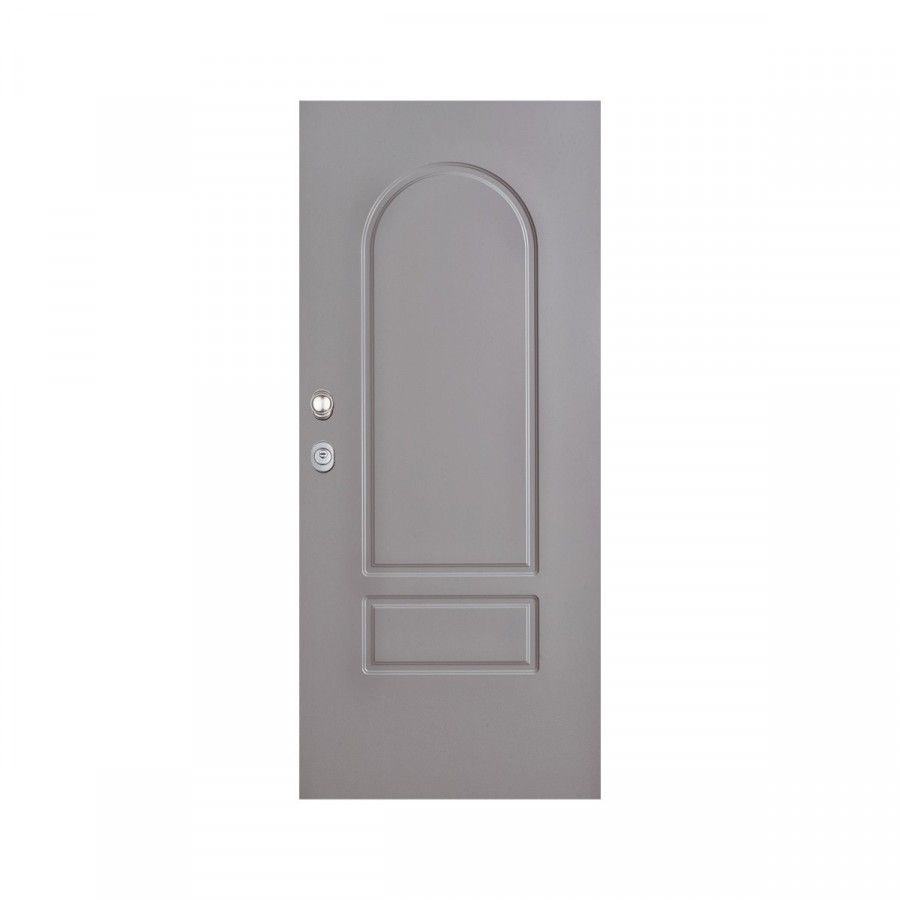 Una porta grigia con un arco curvo su uno sfondo bianco.