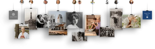 A wall display of hanging photo prints, postcards, and a blue calendar card on clips and string.