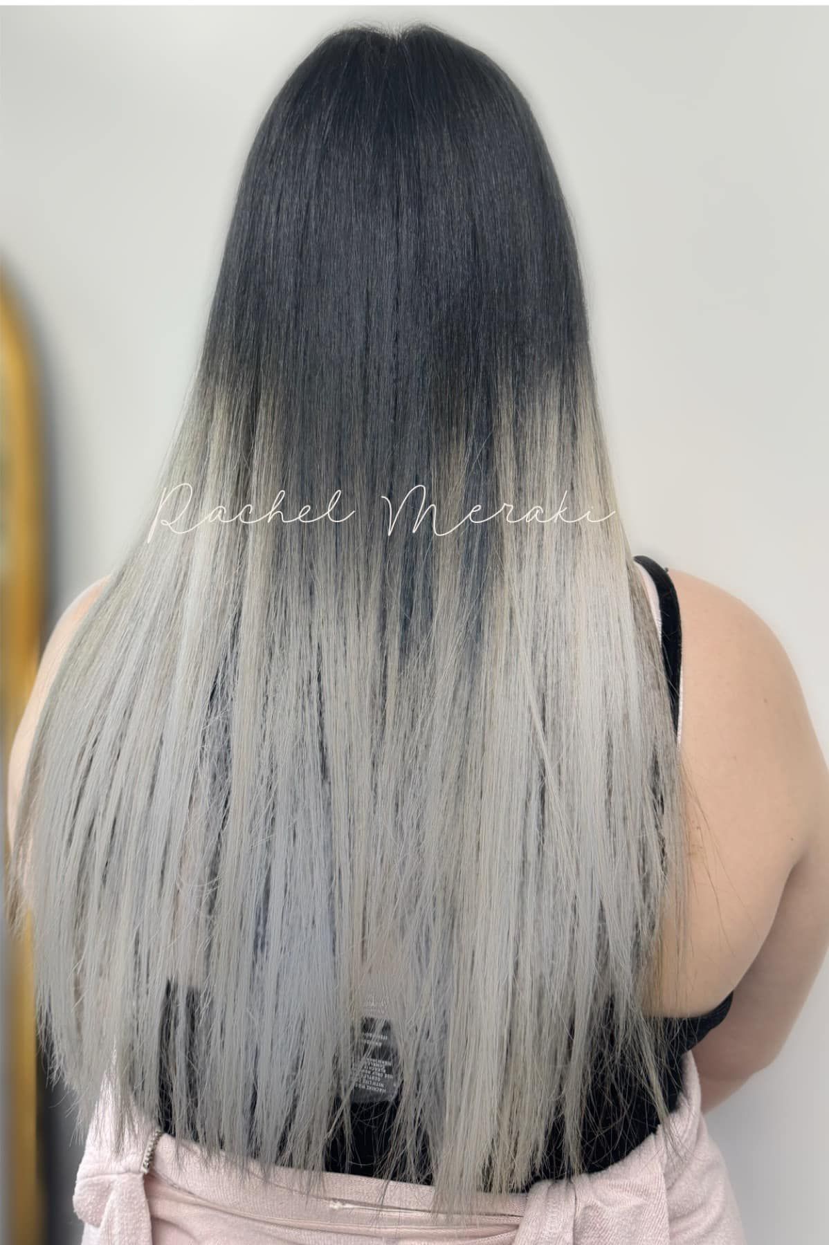 Long straight black-to-silver ombré hair seen from behind against a light background