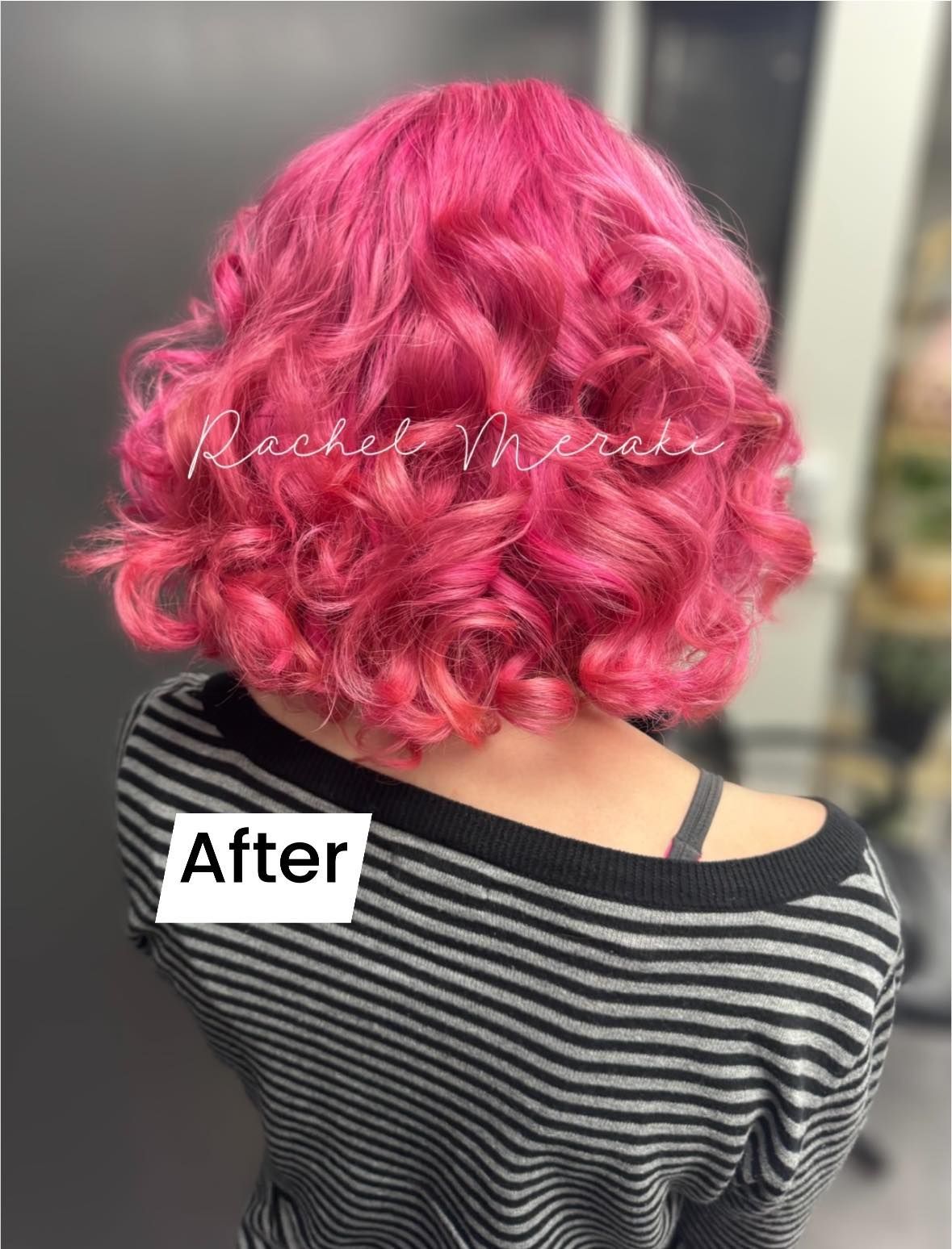 Back view of person with bright pink curly bob haircut and black-and-white striped shirt, labeled “After”