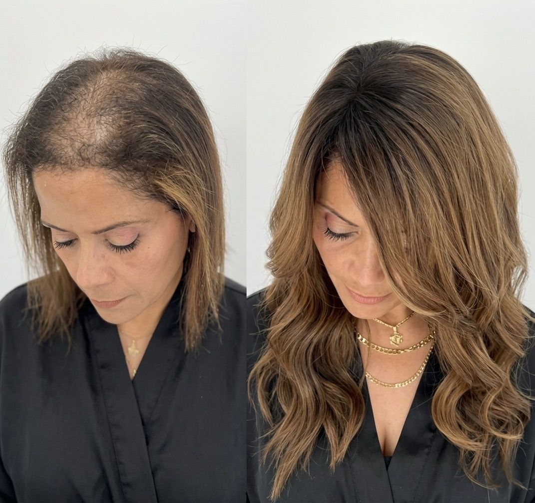 Side-by-side hair transformation: thinning top and fuller, wavy highlighted hair in a black robe