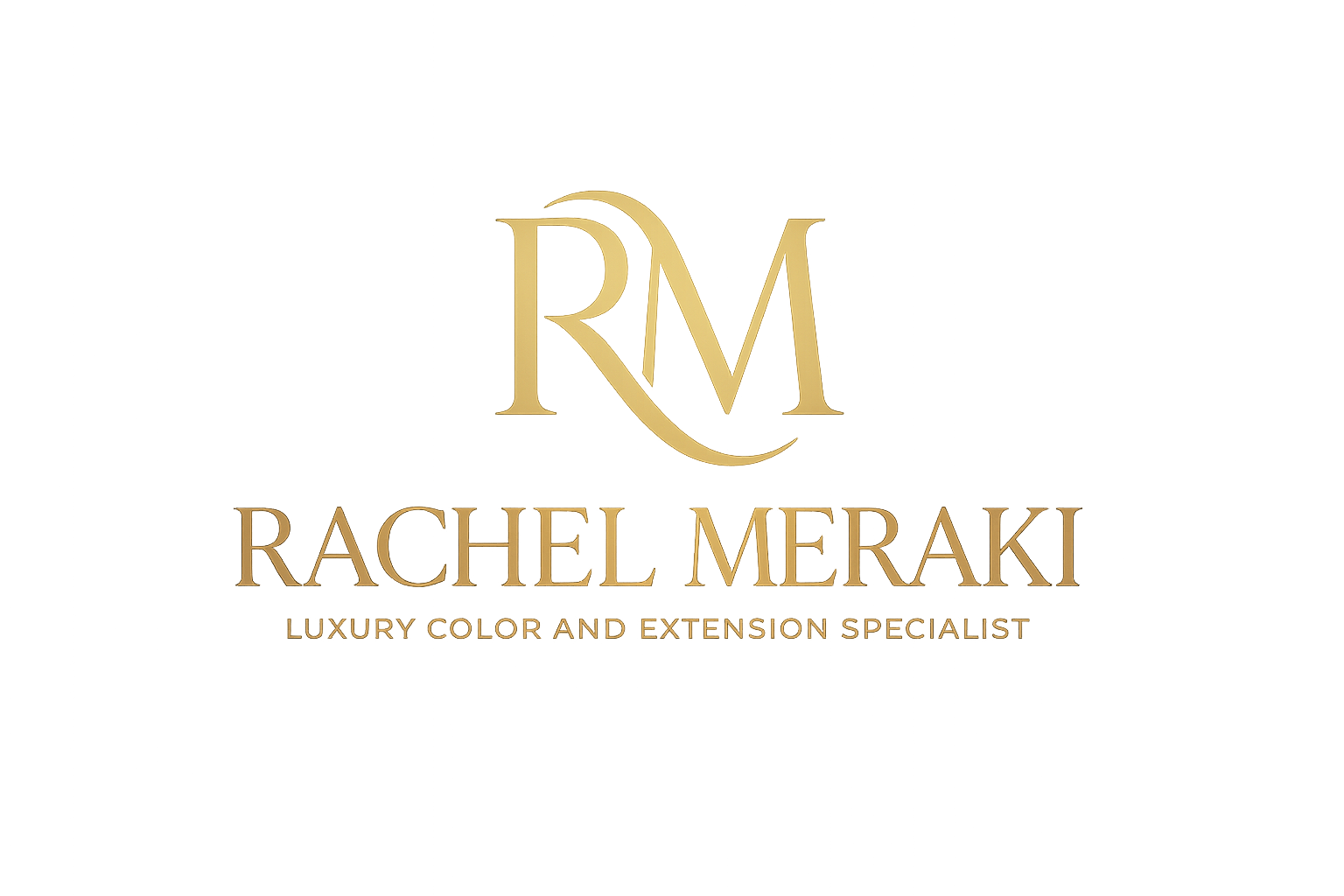 Gold RM logo with &ldquo;Rachel Meraki&rdquo; and &ldquo;Luxury Color and Extension Specialist&rdquo; on a white background
