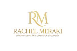 Gold RM logo with &ldquo;Rachel Meraki&rdquo; and &ldquo;Luxury Color and Extension Specialist&rdquo; on a white background