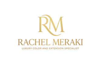 Gold RM logo with &ldquo;Rachel Meraki&rdquo; and &ldquo;Luxury Color and Extension Specialist&rdquo; on a white background