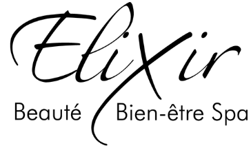 Logo « Élixir » avec une écriture cursive. En dessous : « Beauté Bien-être Spa ». Texte noir sur fond blanc.