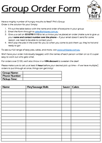 A group order form for a restaurant.