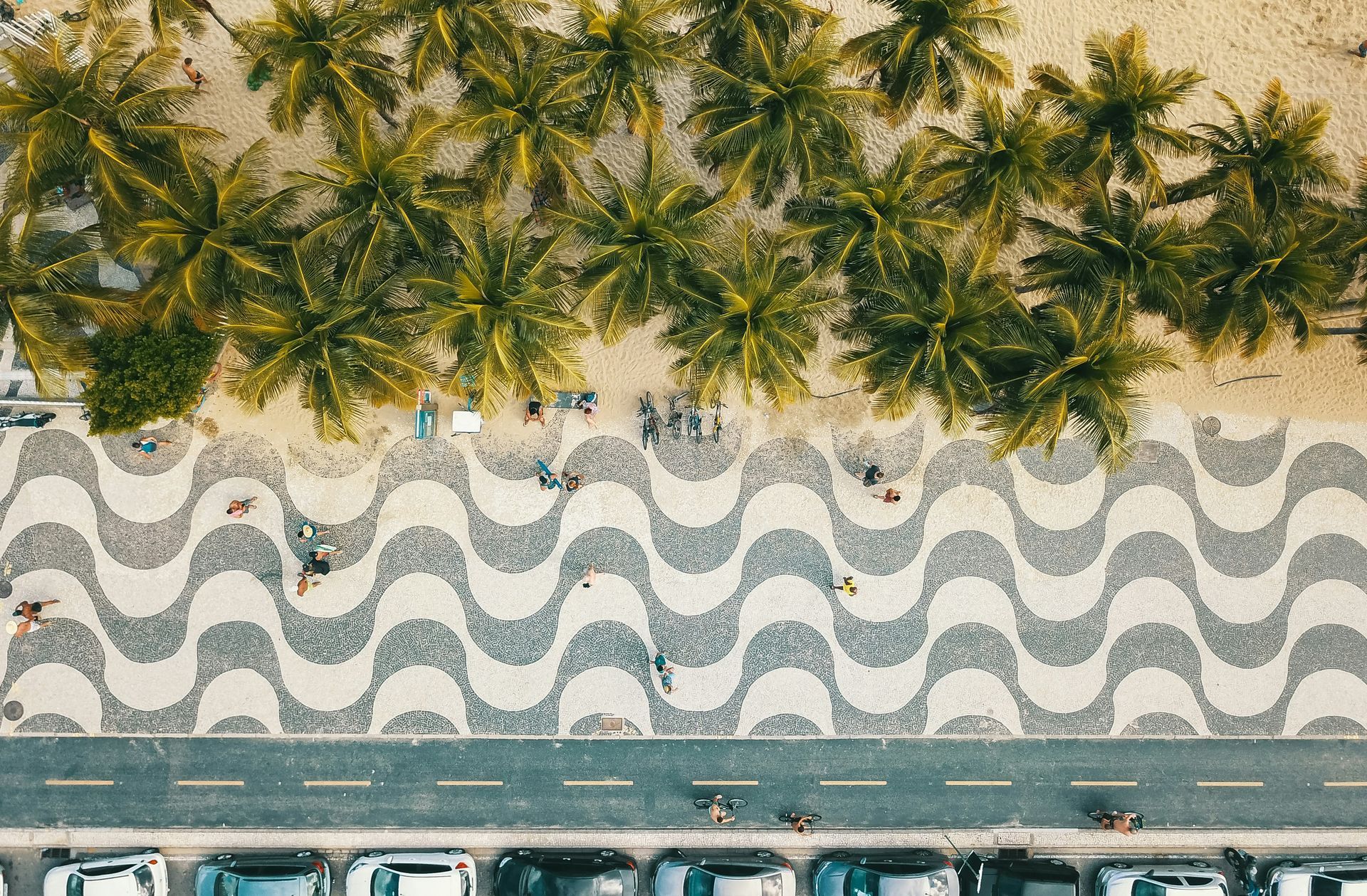 Uma vista aérea de uma praia com palmeiras e carros estacionados na beira da estrada.