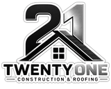 Logo for TwentyOne Construction & Roofing with a house roof and bold black-and-silver &ldquo;21&rdquo; design