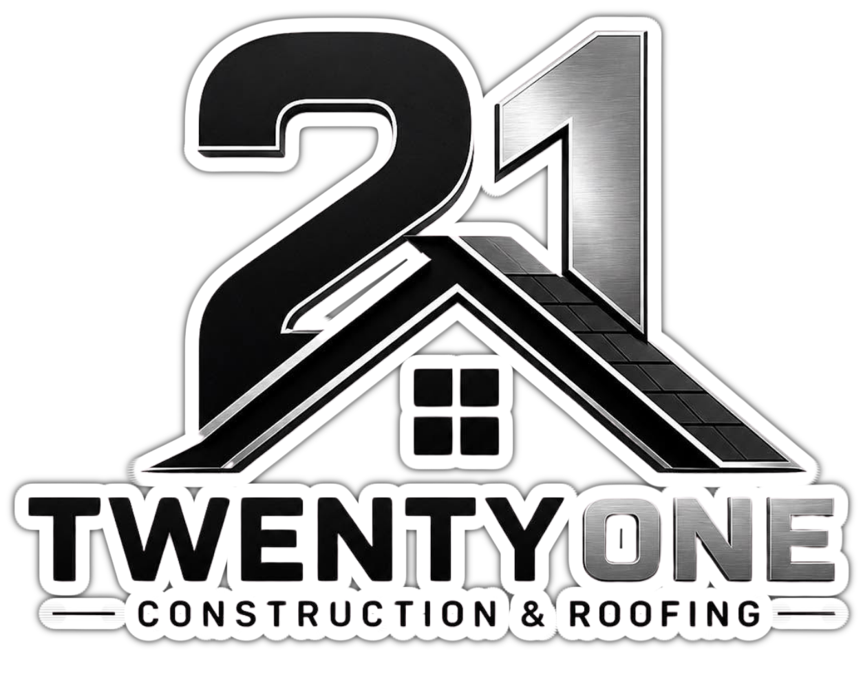 Logo for TwentyOne Construction & Roofing with a house roof and bold black-and-silver “21” design
