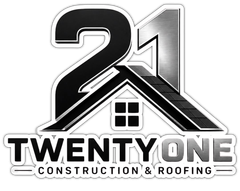 Logo for TwentyOne Construction & Roofing with a house roof and bold black-and-silver &ldquo;21&rdquo; design