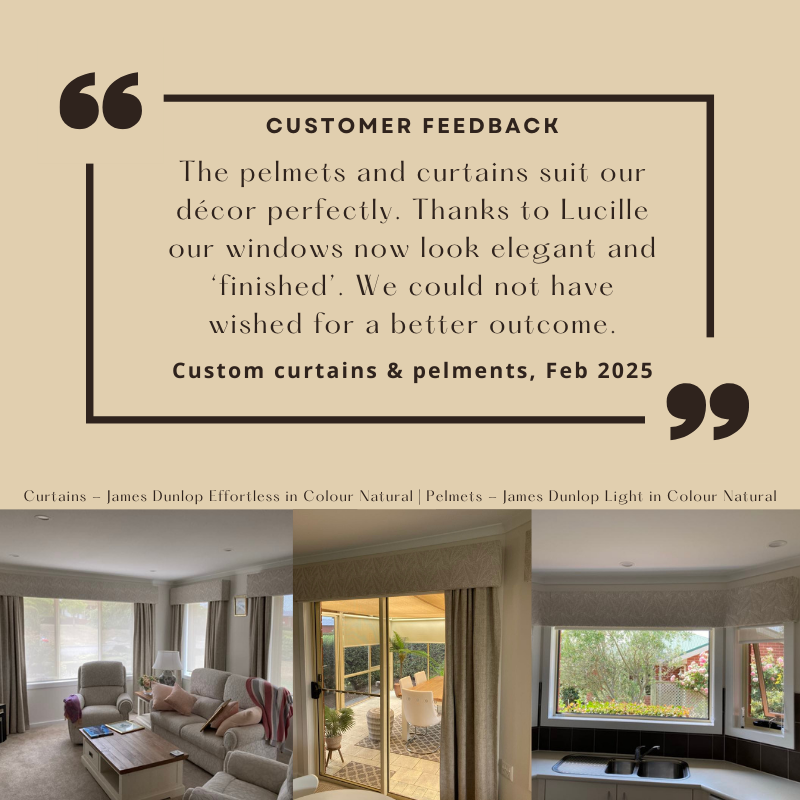 Customer testimonial about custom curtains and pelmets, with interior room photos.