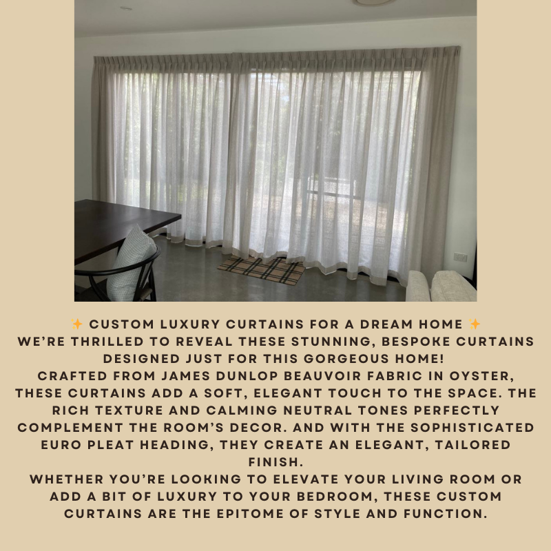 Beige curtains in a living room; text promoting custom luxury curtains crafted from oyster fabric.