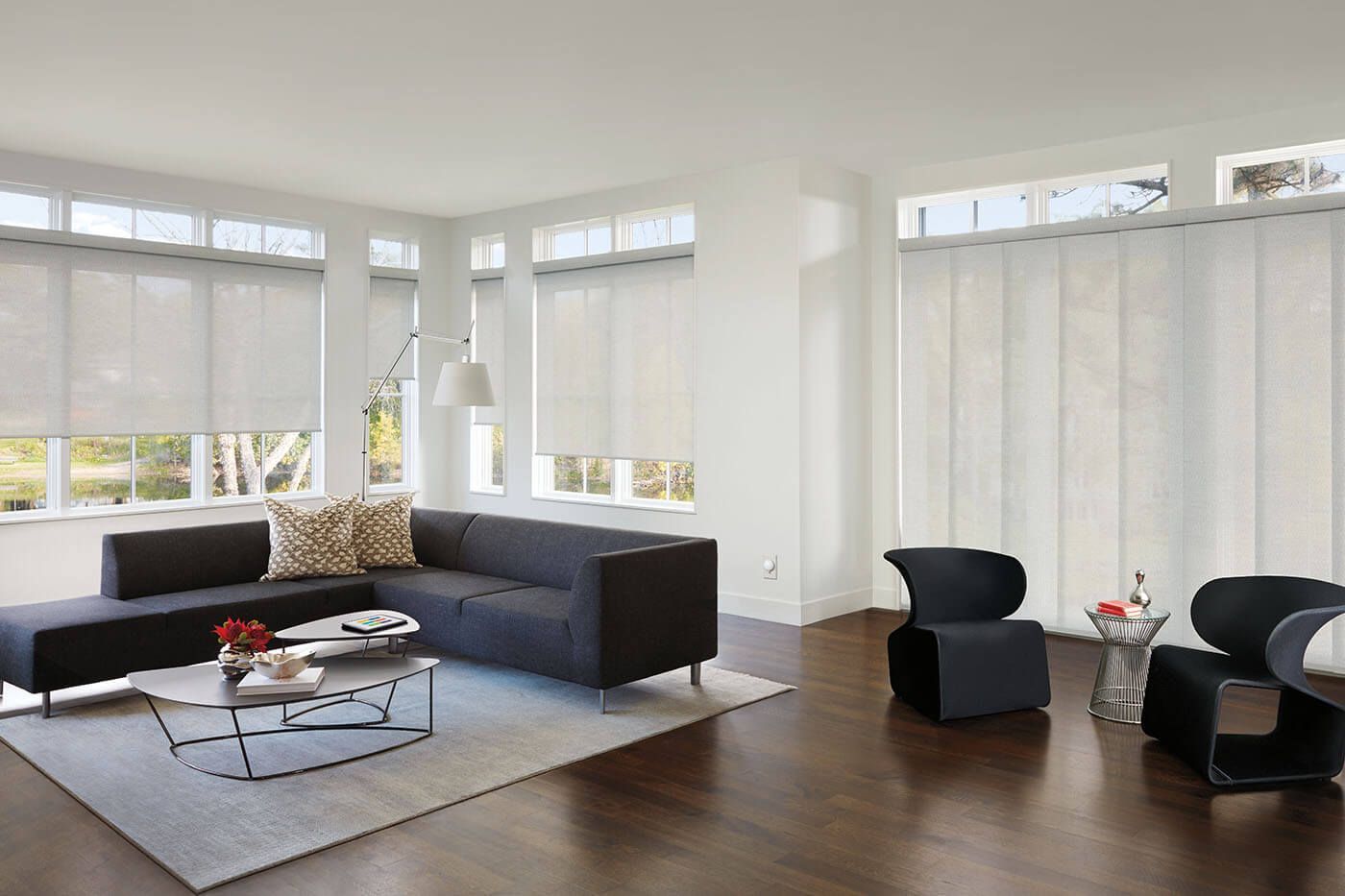 Living Room With White Window Blinds — Launceston, TAS — Winflo Curtains