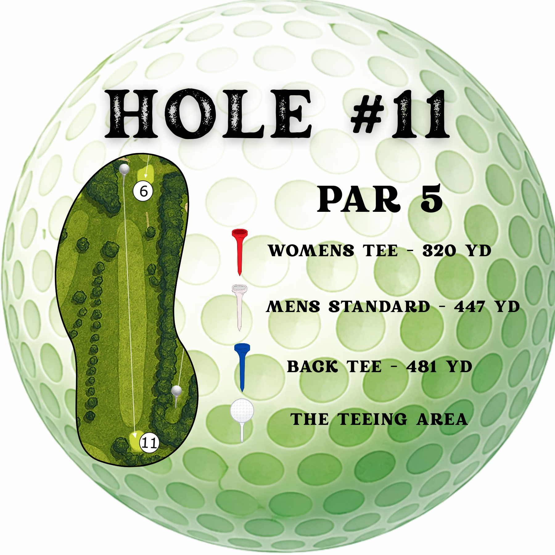 Golf hole sign on a ball background: Hole 11, Par 5. Distances listed: Women's 320 yd, Men's 447 yd, Back Tee 481 yd.
