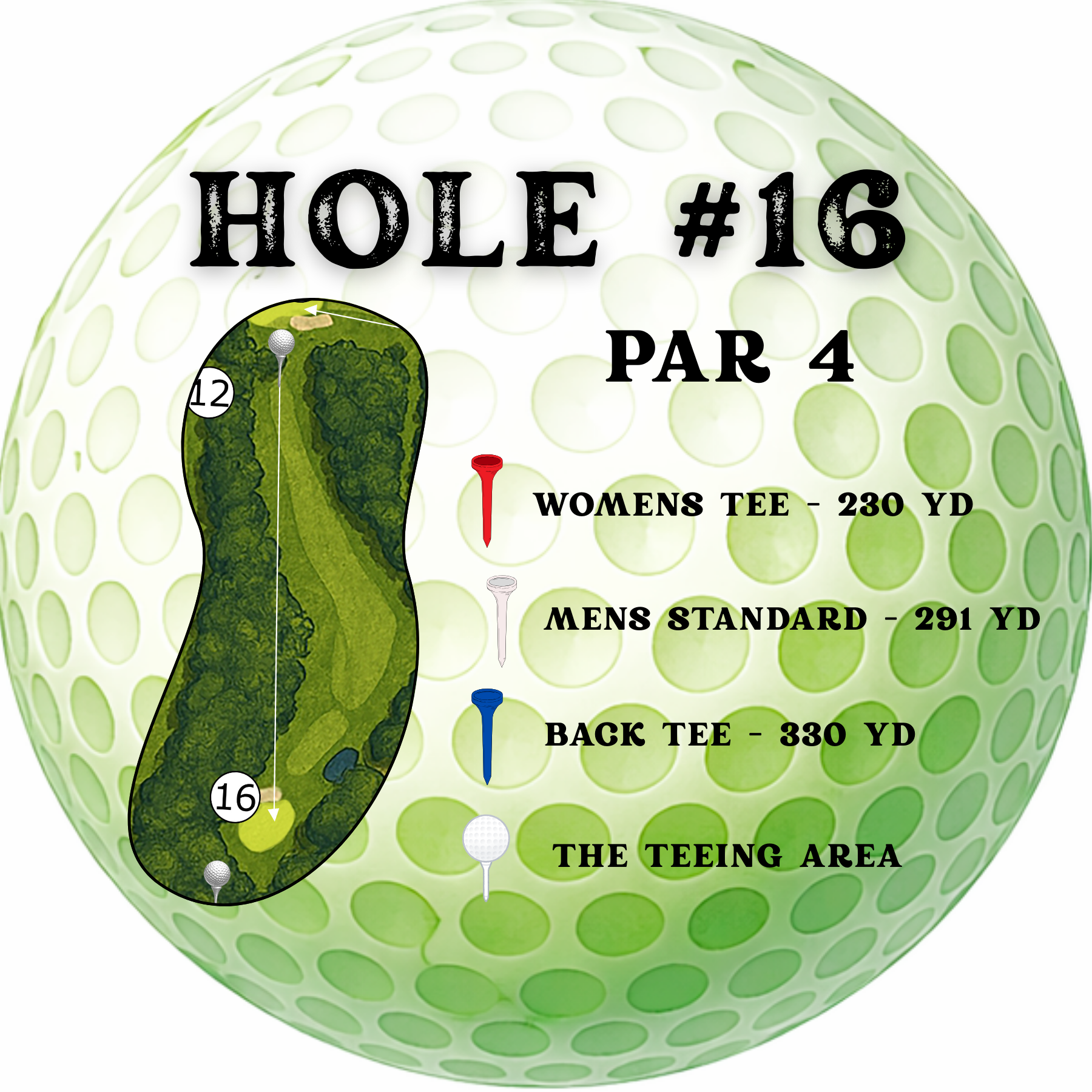 A golf hole guide for Hole 16, Par 4, displaying a course map and distances for women's, standard, and back tee boxes.