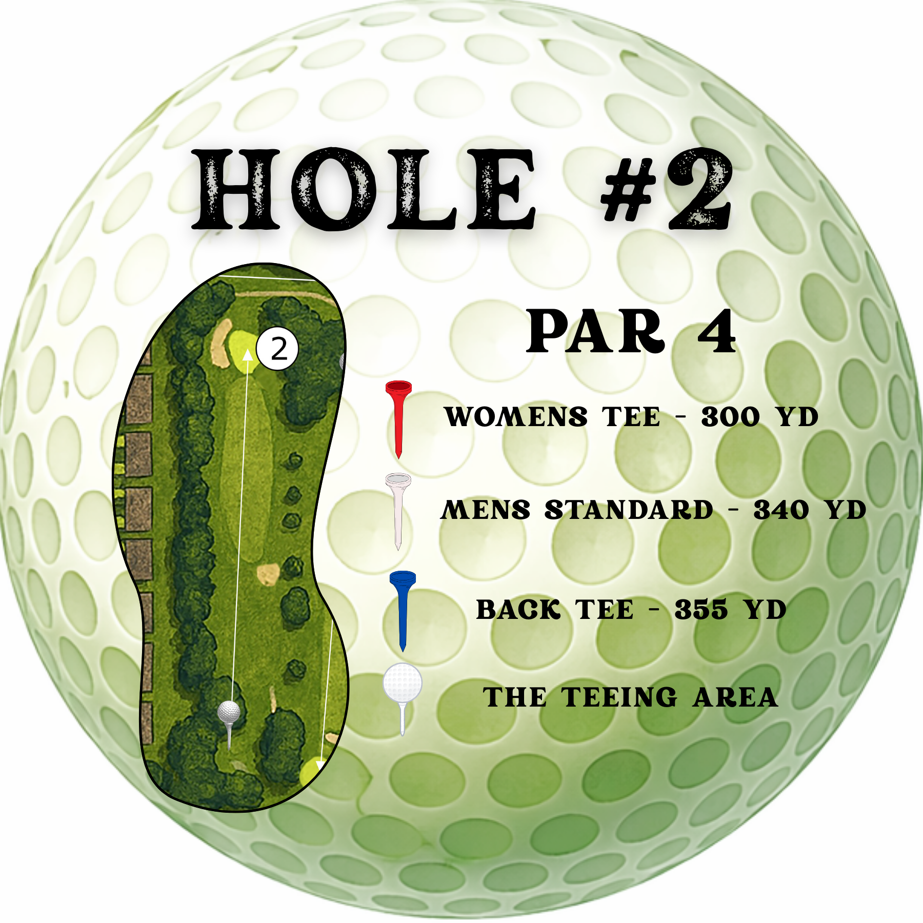 Golf hole #2 graphic on a ball: Par 4, with hole diagram and tee distances (300, 340, 355 yards).