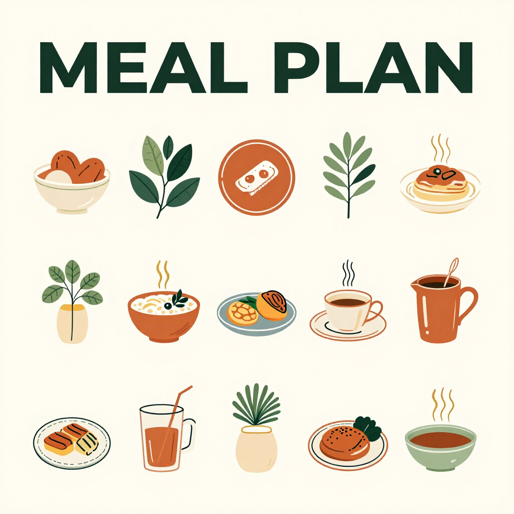 Meal plan title with illustrated dishes, herbs, tea, and coffee on a light background