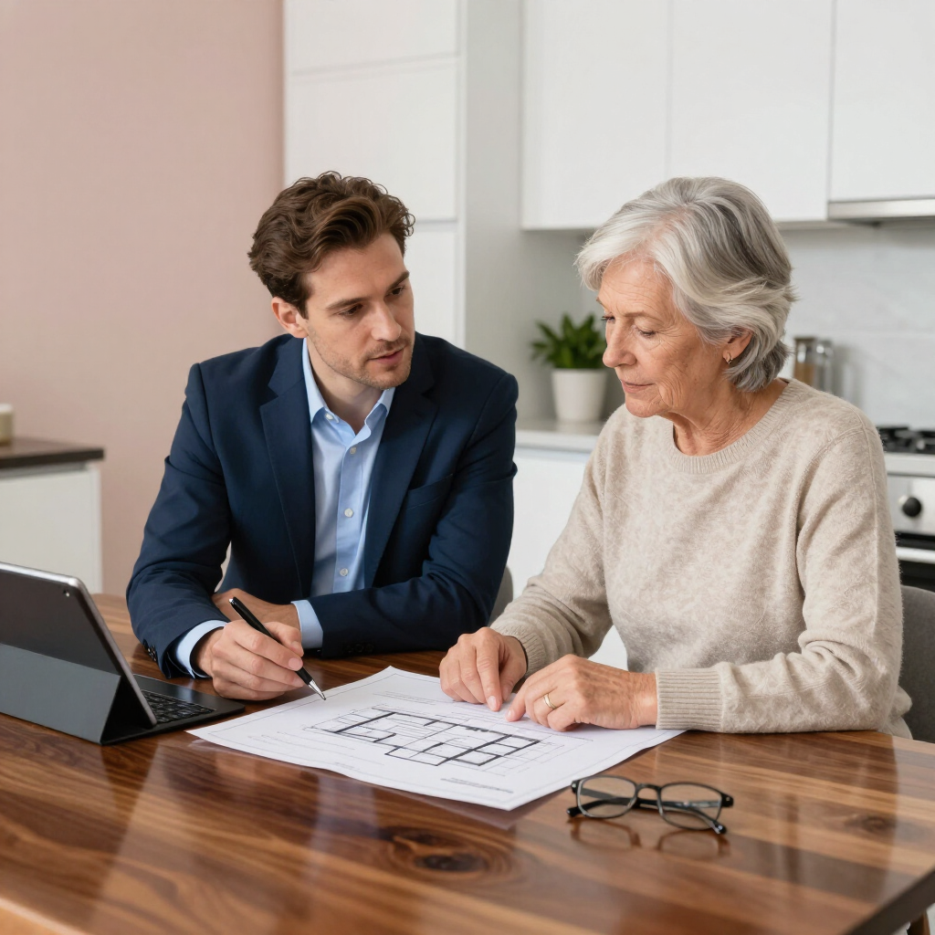 Two people review documents at a table with a laptop in a bright office room