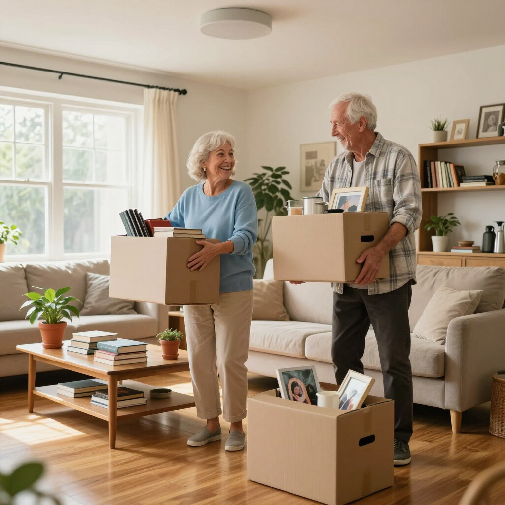 Two adults carrying moving boxes in a bright living room with a sofa and coffee table