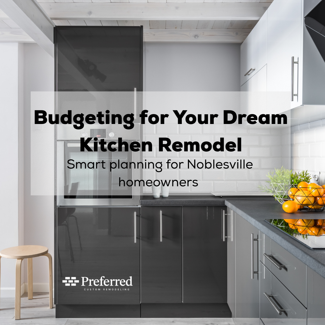 Modern kitchen remodel ad; glossy dark gray and white cabinets, text overlay: Modern kitchen remodel ad; glossy dark gray and white cabinets, text overlay: