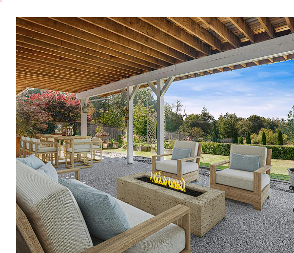 Outdoor patio with seating and a fire pit, under a wooden pergola with a view of a yard.
