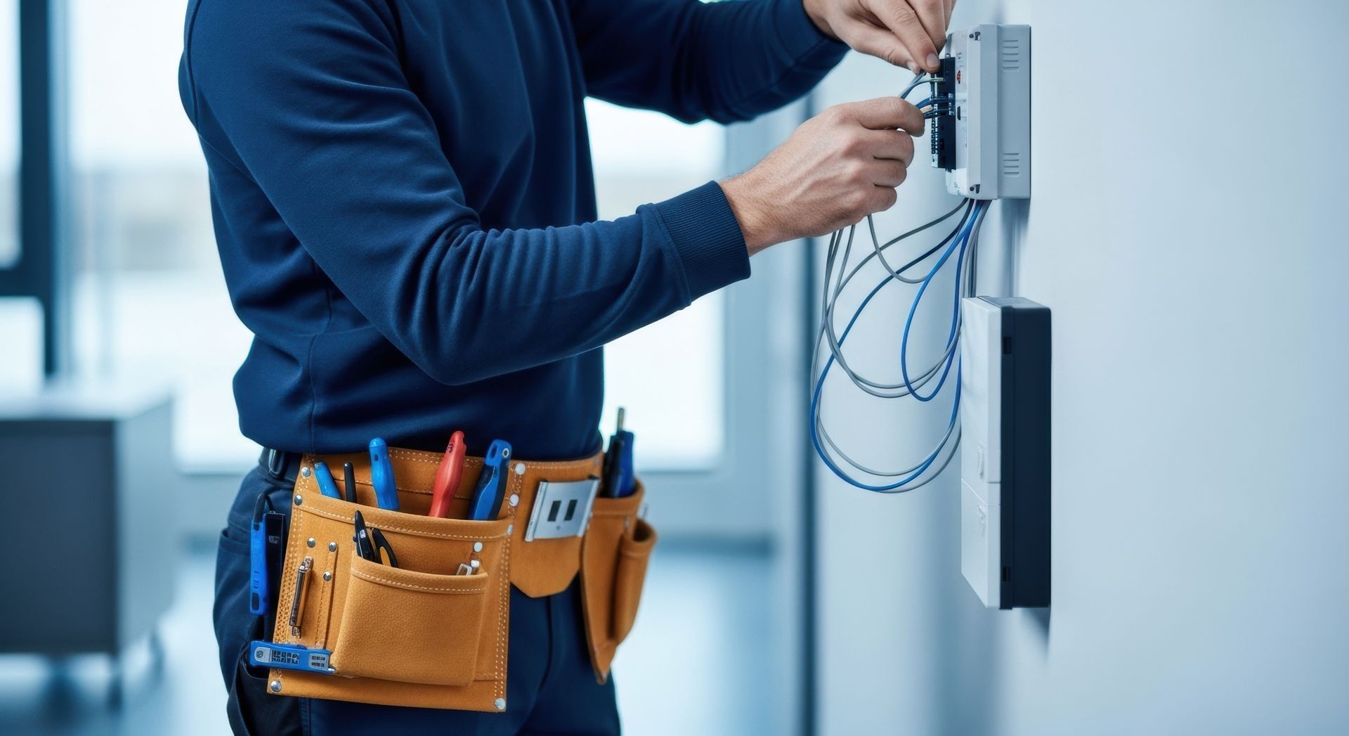 Technician with leather tool belt performing commercial electrical services on an office wall.