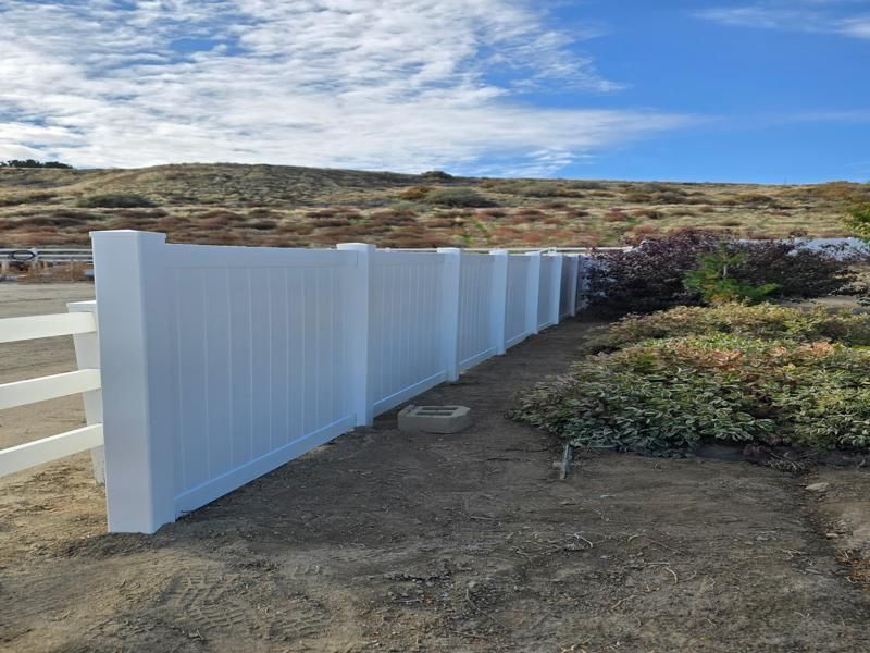 White fence lining a dirt path beside coastal dunes and low shrubs under a blue sky