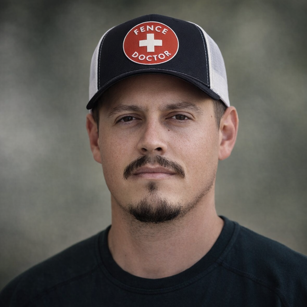 Man wearing a black cap with a red doctor badge, looking at the camera against a blurred gray background