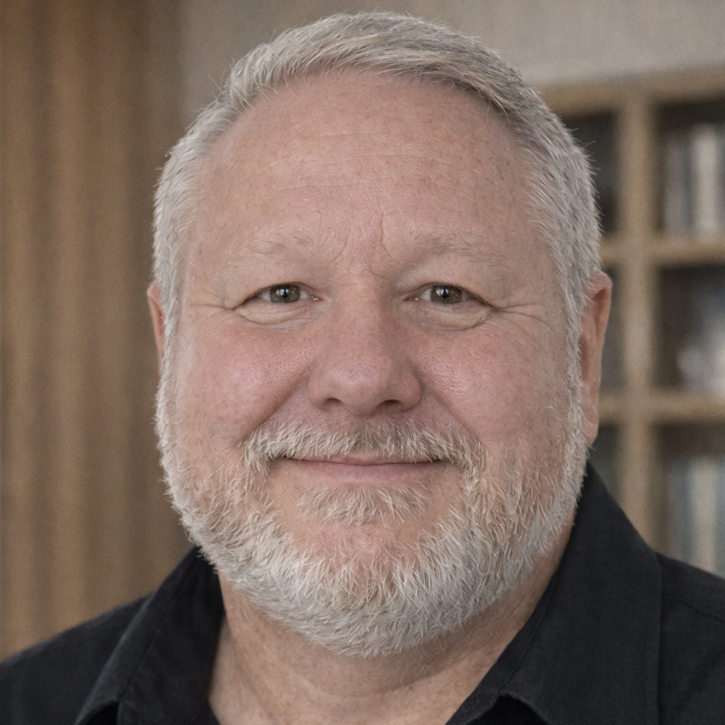 Smiling man with gray beard in a dark shirt, standing indoors against a blurred background
